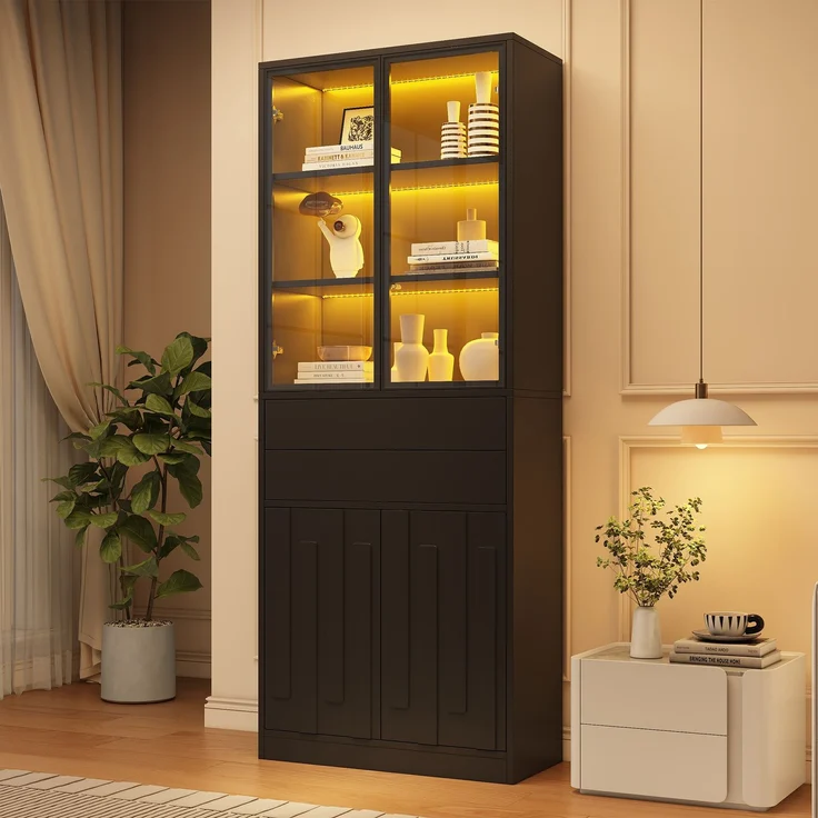 ZUBALIYA Hochschrank mit Glasschranktüren / Hochschrank Glasvitrine mit LED, mit küche und arbeitszimmer, 70 x 34 x 180 cm LED Display Vitrine Mit 2 Schubladen, Schwarz, fürs Wohnzimmer – Bild 1