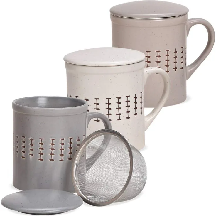 matches21 HOME & HOBBY Tasse Teetassen 2er Set mit Deckel und Teesieb Landhaus-Stil gestreift, Keramik, Tee Kaffee-Becher Kaffeetassen, klassisch, grau weiss creme, 300 ml