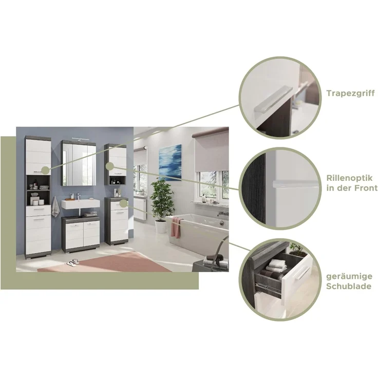 Badezimmer Midischrank Shawn in weiß Hochglanz und Rauchsilber grau 74 x 141 cm – Bild 7