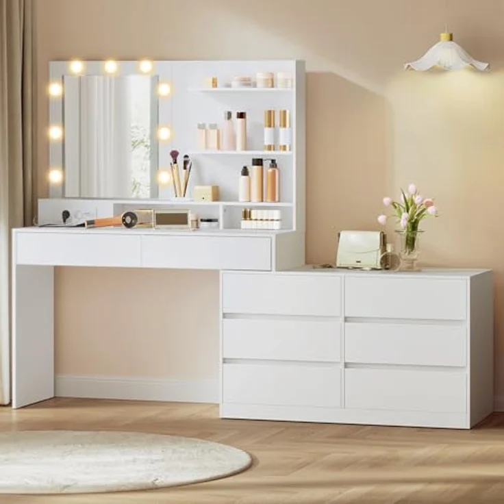 VASAGLE Kailyn Kollektion - Schminktisch mit Spiegel und LED-Beleuchtung, Frisiertisch 9 Glühbirnen, 8 Schubladen, 3 Ablagen, 3 Lichtfarben, gerade oder L-förmig, wolkenweiß RDT140WB01 – Bild 2