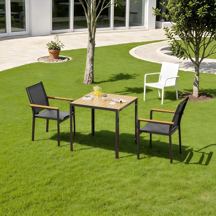 Clevich Wetterfester Gartentisch 75x75 cm, Quadratisch aus Aluminium mit WPC Tischplatte,Outdoor Esstisch für Balkon und Terrasse, pflegeleicht und langlebig, Schwarz+Teak – Bild 3