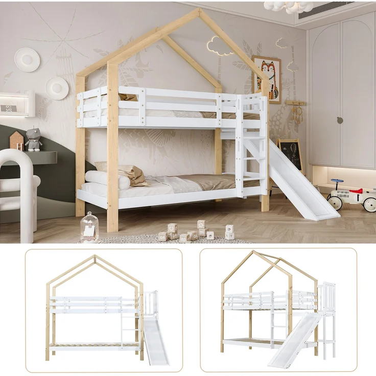 Haus-Etagenbett Kinder 90x200 Rutsche Leiter Kiefer Holz Spielbett,Weiß & Natur – Bild 7