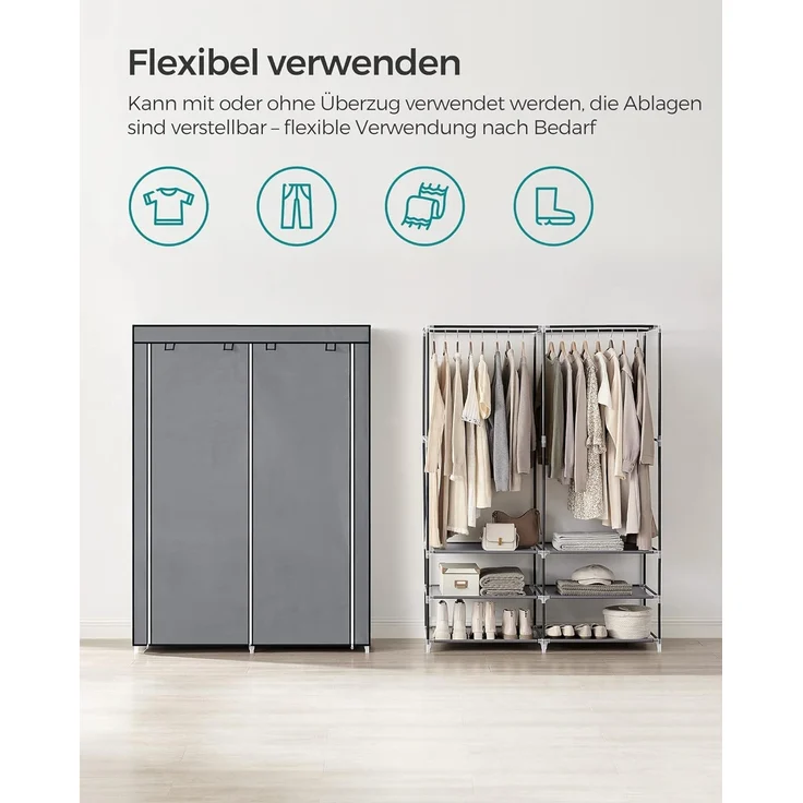 Songmics Stoffschrank, Kleiderschrank, 45 x 127 x 176 cm, 2 Hängefächer, mit Ablagen, 4 Seitentaschen, viel Platz, für Schlafzimmer, Wohnzimmer, grau RYG008G02 – Bild 3