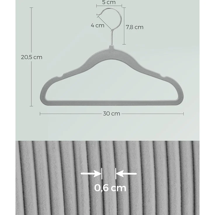 SONGMICS Kinderkleiderbügel, 50er Set Kleiderbügel Kinder, Baby-Kleiderbügel, Bügel Samt, 360° drehbarer Haken in Silber, platzsparend, rutschfest, für Kleiderschrank, Taubengrau CRF027G05 – Bild 5