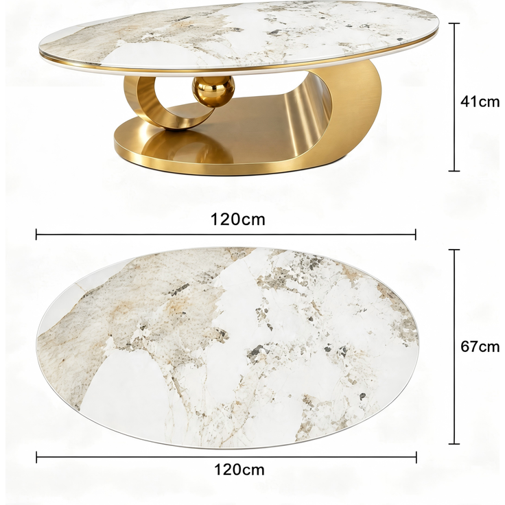 Ovaler Couchtisch 120 x 67 x 45 cm mit Tischplatte in weißer Marmoroptik und goldfarbenem Edelstahlgestell – Bild 4