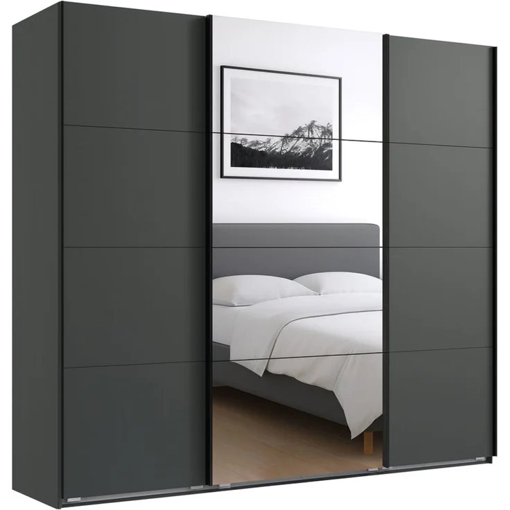 Schwebetürenschrank Kleiderschrank B225 cm H208 cm 3-türig Grafit, 1x Spiegeltür – Bild 1