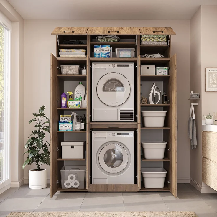 Roomart Waschmaschinenschrank - DORA-I- 160 cm breit - Wasch- & Trocknerschrank mit 2 Hochschränken, Türen & Ausziehbrett, Waschmaschinen-Überbau für Waschküche & Hauswirtschaftsraum • Eiche – Bild 5