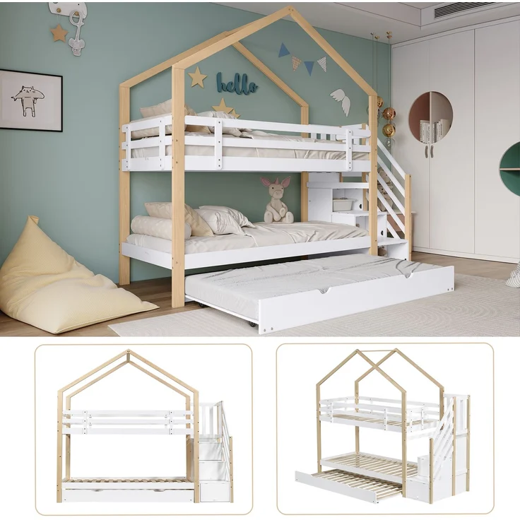 Merax Etagenbett, Ausziehbares Baumhausbett, Schiebebett, Treppe mit 4 Schubladen, Kinderbett mit Absturzsicherung und Kinderbettgitter, mit Lattenroste, Natur+Weiß (90x200cm&90x190cm) – Bild 6