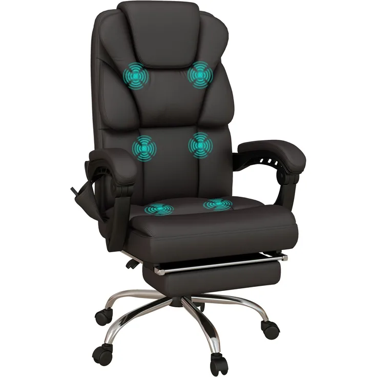 MELAYR, Bürostuhl mit 6 Massagepunkten, PU-Liegeschreibtischstuhl mit Fernbedienung, 63 x 57 x 118–126 cm, Braun