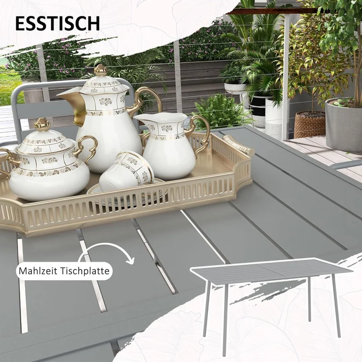Outsunny Garten-Essgruppe Sitzgruppe mit 1 Esstisch, 6 stapelbaren Stühlen, (Gartengarnitur, 7-tlg, Sitzgarnitur), für Balkon, Terrasse, Stahl, Hellgrau – Bild 4