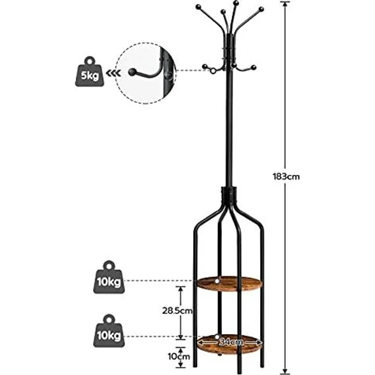 HOOBRO Garderobenständer, Garderobe mit 2 runden Ablagen, Kleiderständer mit 8 Haken, 183 cm Hoch, Industrie-Stil, Stahlgestell, multifunktional, für Kleidung, Schals, Hüte, Taschen EBF81YM01 – Bild 6