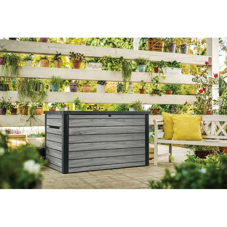 Keter Gartenbox "Ontario" 870L in Holzoptik 147 x 83 x 86 cm mit Gasdruckfedern, Wasserfest, abschließbar – Bild 3