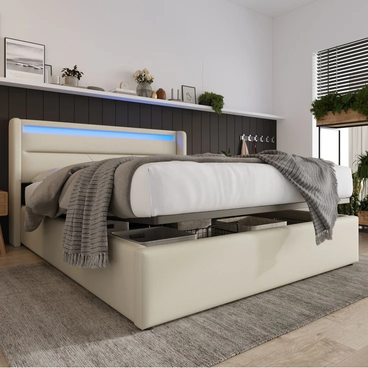 CHICFURN Polsterbett aus PU, Weiß, 160x200 cm, mit hydraulischem Stauraumbett und LED-Beleuchtung – Bild 3