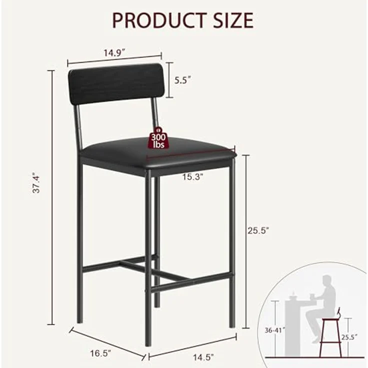2er Set Barhocker, Barstuhl mit Rückenlehne & Fußstütze, Retro Barhocker mit Fußstütze, Bistrohocker 64cm Hohe, Küchenhocker Einfache Montage, Industrie-Design für Bistro, Küche, Esszimmer, Schwarz – Bild 3