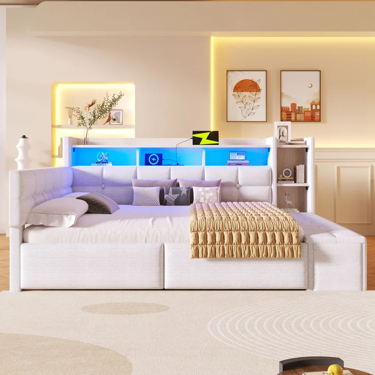 Merax Polsterbett 140 × 190 cm, Doppelbett, Tagesbett, Daybett, Schlafsofa, mit 2 Schubladen, USB- und Typ-C-Anschlüssen, LED-Lichtleiste, Ohne Matratze, Samt, Weiß – Bild 5