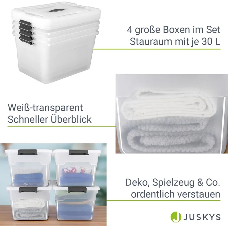 Juskys Aufbewahrungsbox mit Deckel, 4er-Set, stapelbar, Kunststoff transparent, 30 Liter – Bild 3