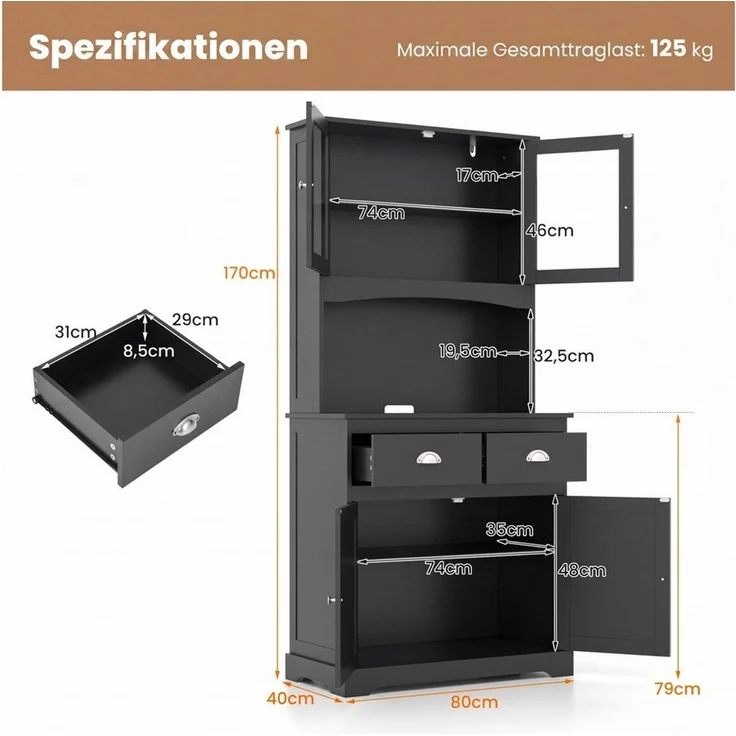 COSTWAY Küchenbuffet verstellbare Ablage 2 Schubladen bis 125kg 80x40x170cm – Bild 3