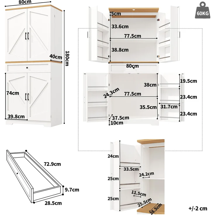 Abrihome Küchenschrank mit 12 Türfächern und Schubladen, Weiß, 180x40x80 cm – Bild 7