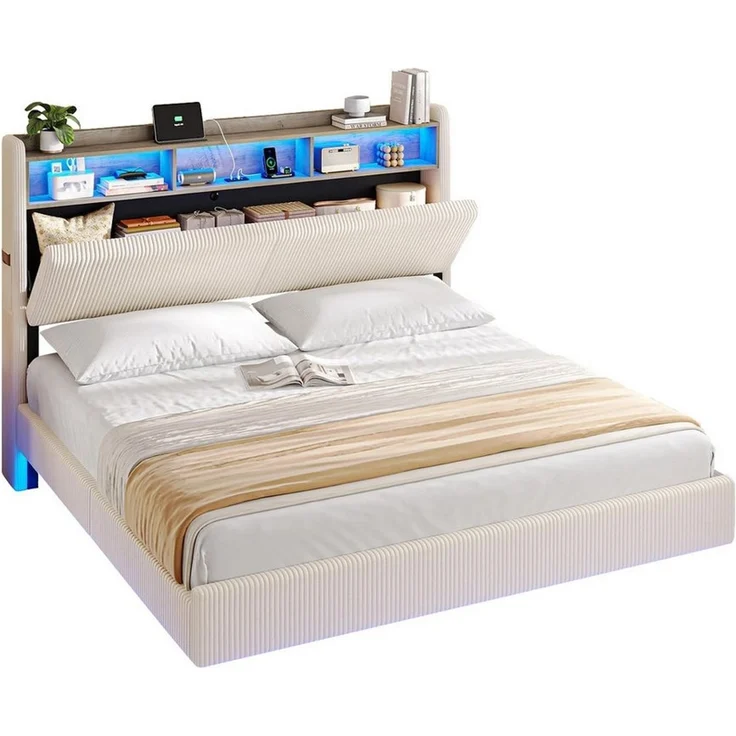 MSMASK Polsterbett Schwebebett mit 270°-LED-Beleuchtung, USB & Type-C Ladestation (Ohne Matratze), Doppelbett mit Stauraum-Kopfteil 180x200 cm – Bild 3