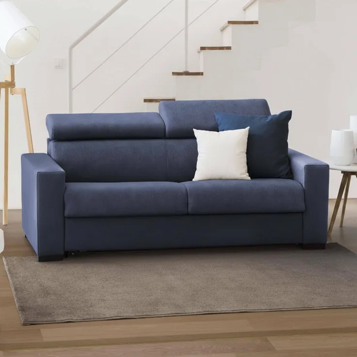 Talamo Italia 2-Sitzer Sonia Schlafsofa, Wohnzimmersofa,Made in Italy, Drehbare Öffnung mit Matratze und Netz inklusive,mit verstellbaren Kopfstützen und schmalen Armlehnen,cm: 160x95h85, Blaue Farbe