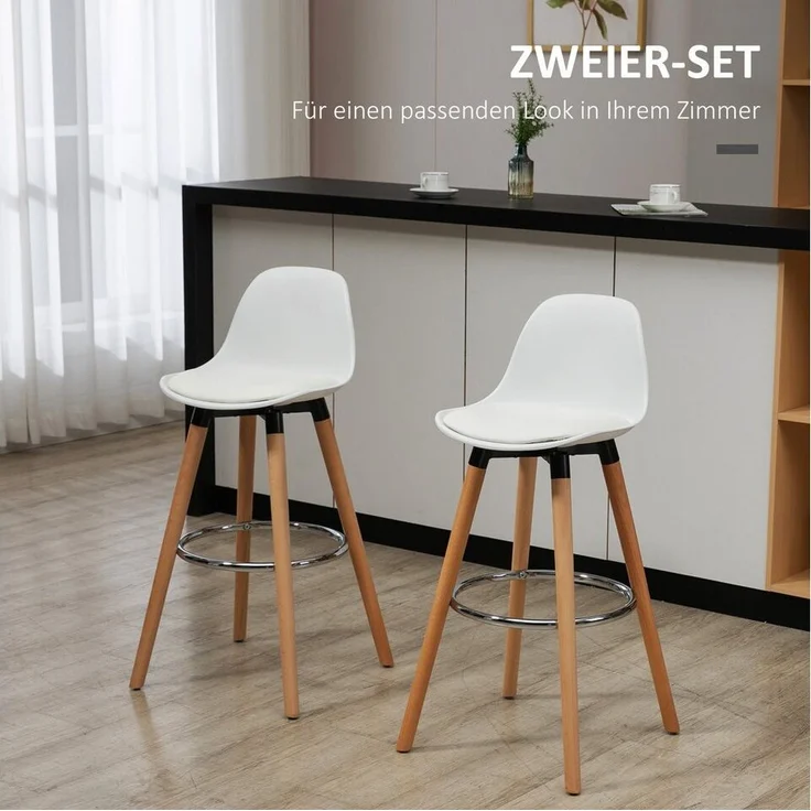 HOMCOM Barhocker 2er-Set Küchenhocker, Barstuhl mit Fußstützen (Tresenstuhl, 2 St, Küchenstuhl), für Esszimmer, Küche, Kunstleder, Weiß, 38,5 x 42,5 x 91 cm – Bild 3