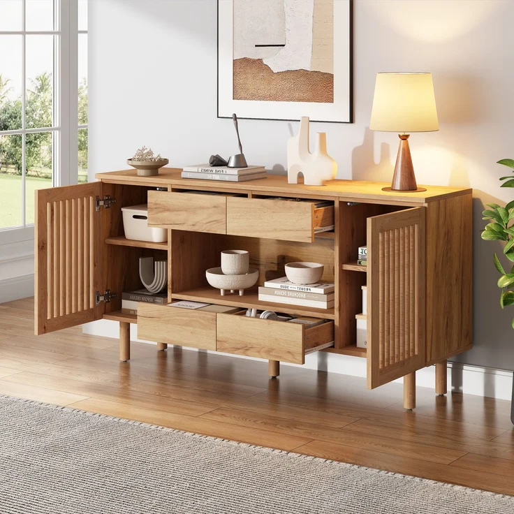 ZUBALIYA Sideboard 140x35x71 cm, mit 4 Schubladen, aus MDF, Natur – Bild 2