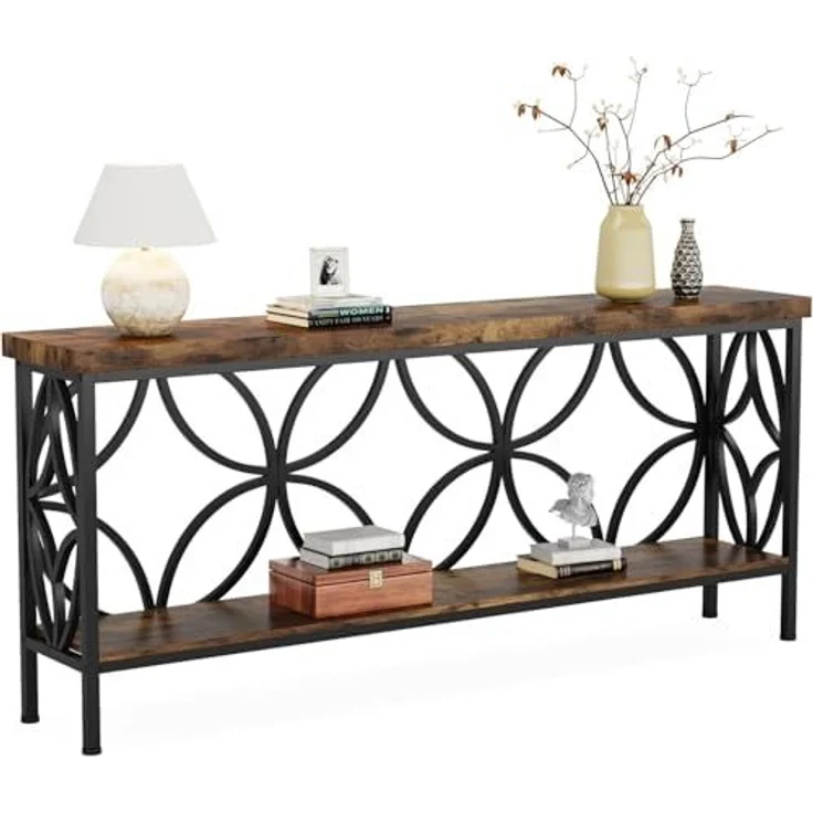 LITTLE TREE Sofatisch, 160 cm großer Industrie-Couchtisch hinter dem Sofatisch mit Aufbewahrungsregalen, schmaler Langer Konsolentisch für den Eingangsbereich, Wohnzimmer, Foyer, Flur, Büro – Bild 1