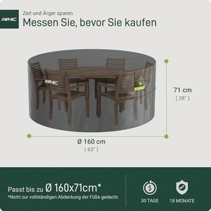 Awnic Gartenmöbel Abdeckung wasserdicht mit Haken Winterfest, 420D Oxford mit AlicanTex wetterfeste Technologie, Winddicht Anti-UV Gartentisch Abdeckplane, rund Schwarz (Ø160*71cm) – Bild 7
