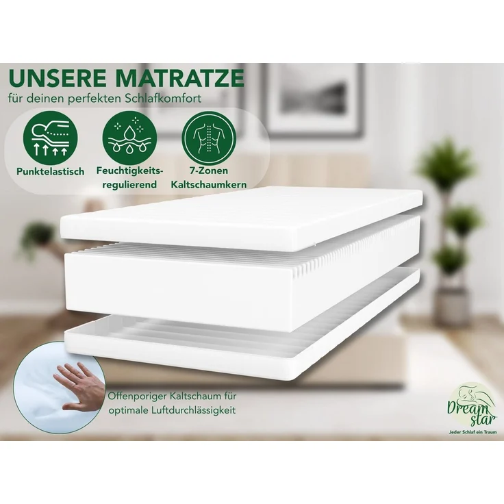 DREAMSTAR Easy Flex 7-Zonen Matratze 90x200 cm | H2&H3 | Ergonomische Kaltschaummatratze | Hypoallergen & Antibakteriell | Bezug abnehmbar & waschbar | Oeko-TEX® | (21cm, 90x200 cm) – Bild 2