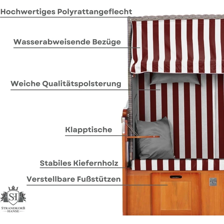 Strandkorb Hanse Ostsee Klassik XXL 2 Sitzer - Rot Weiß Blockstreifen – Bild 6