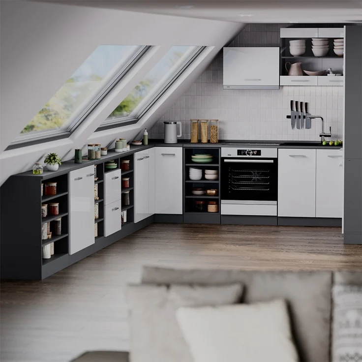 Küchenschrank für Dachschrägen R-Line Weiß Hochglanz 60 cm mit 2 Schubladen, Schrankkorpus 60 cm Tiefe Vicco – Bild 6