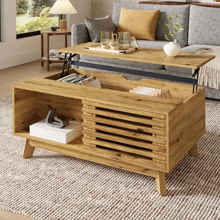 Couchtisch Modern Retro, höhenverstellbare Tischplatte, verschiebbare Jalousietür, Holz-Optik, MDF-Korpus, multifunktionaler Wohnzimmertisch--Natürlich--90x55x57.5cm--YOUDENOVA – Bild 9