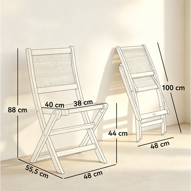 Gartenstuhl 48 x 55,5 x 88 cm, 2er-Set, klappbar, aus Akazienholz mit PP-Seil – Bild 3