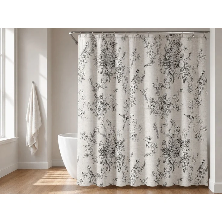 Duschvorhang mit Blumen- und Vogelmotiv wasserabweisend Beige 150 x 200 cm – Bild 2