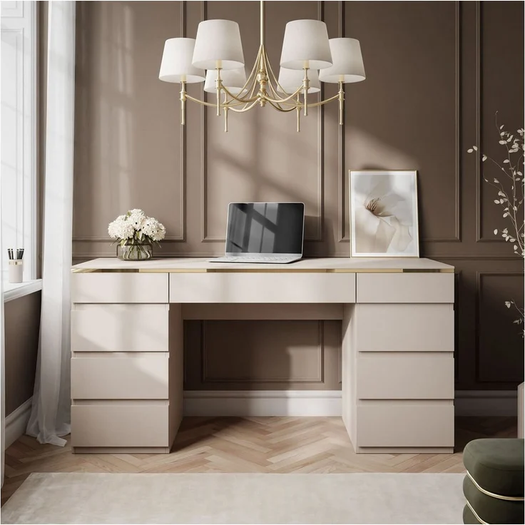 Lookway Schreibtisch AURORA DOUBLE, Kaschmir Matt mit Goldakzenten, 2 Schubladen, Breite: 157 cm