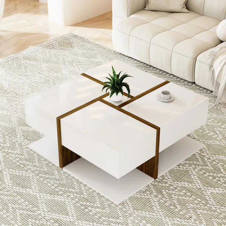Couchtisch Hochglanz Quadratisch mit 4 Schubladen in Weiß/Holzfarbe - 78x78x34,8 cm – Bild 2