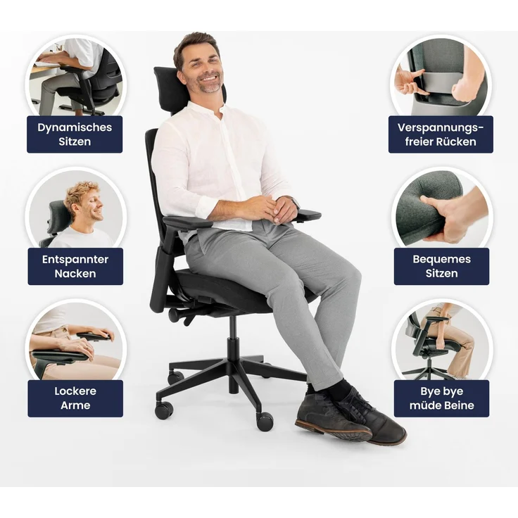 Ergotopia 'NextBack Pro' ergonomischer Bürostuhl mit integrierter Lordosenstütze, 3D Armlehnen & verstellbarer Kopfstütze, Schwarz – Bild 4