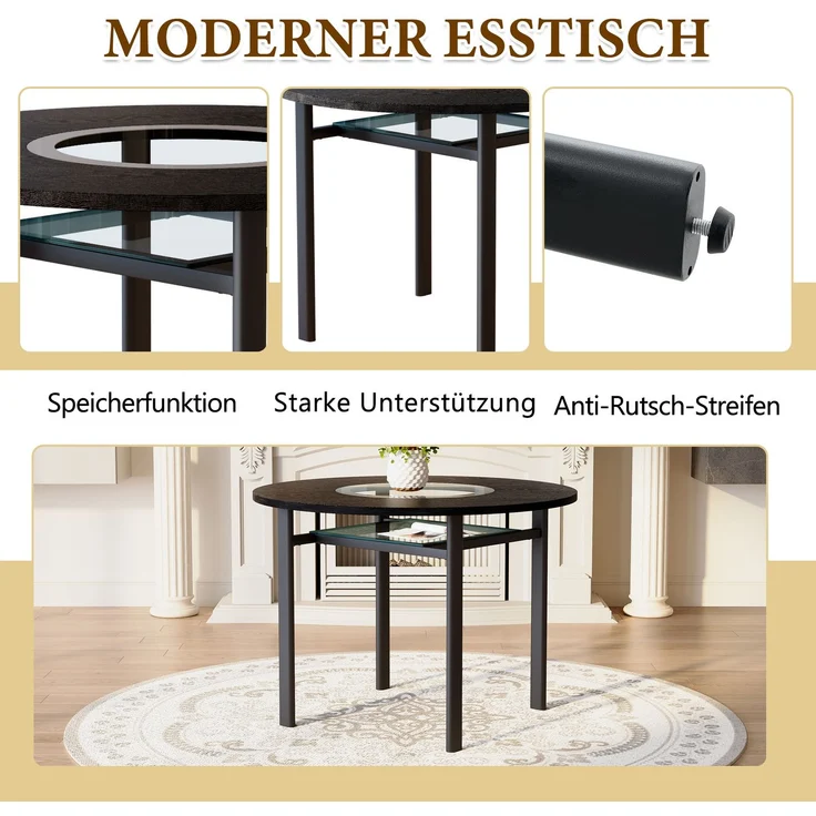 Essgruppe mit 2 Stühlen, runder Tisch Ø 100x76 cm mit Glasablage, Braun/Schwarz – Bild 6