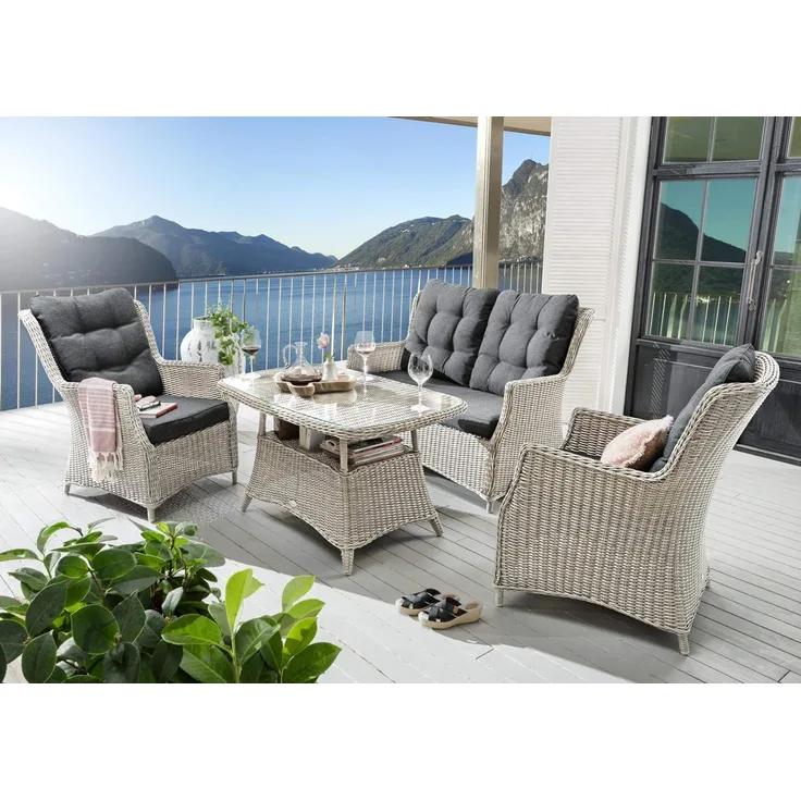 Destiny CASA Sofa Set vintage weiß, Polster anthrazit (1 Sofa, 2 Sessel 1 Tisch), mit aufgelegter Glasplatte