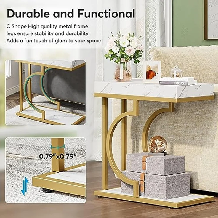 LITTLE TREE Schmaler Beistelltisch, C-förmig, moderner Nachttisch, Kleiner rechteckiger Beistelltisch für Sofa und Couch mit Metallgestell für das Wohnzimmer, Kunstmarmor Weißgold – Bild 6