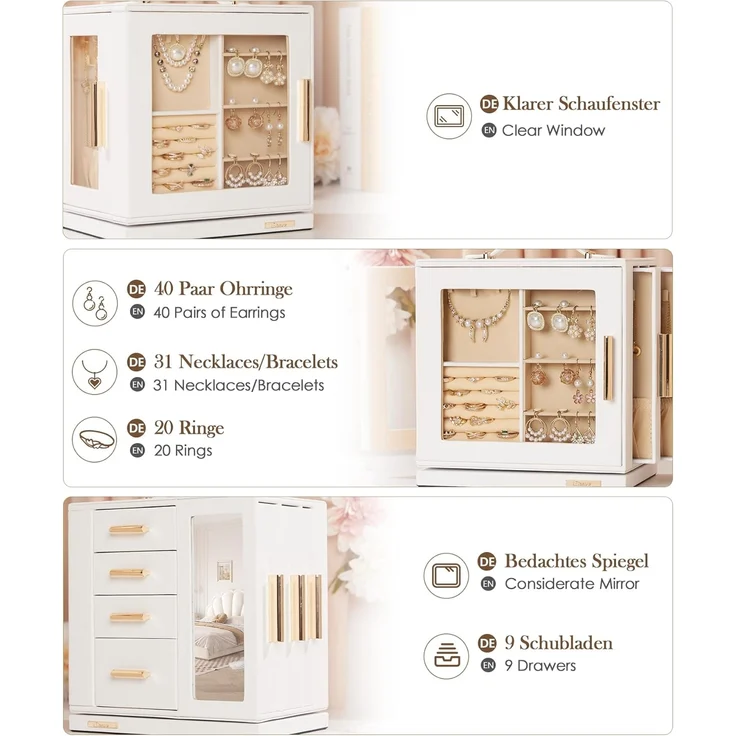 Yorbay Schmuckkasten 360° drehbar Schmuckkästchen mit 7 Schubladen, Fenster, Spiegel, 9 Bereichen, für Halsketten, Ringe, Armbänder, Ohrringe – Bild 4