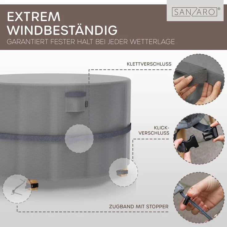 SANZARO Gartenmöbel Abdeckung Rund für Gartentische Winterfest - 600D Oxford Gewebe mit RipStop-Technologie, UV-Beständig, Wasserdichte Abdeckhaube für Outdoor Möbelsets, Ø 230x100 cm – Bild 3
