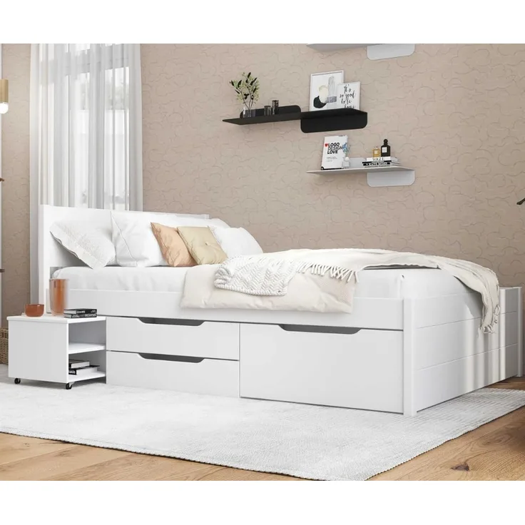 Inter Link - Bett mit Schubladen - Doppelbett 140x200 cm – Kojenbett mit Stauraum – Kiefer massivholz – 2 Schubladen und 1 Schubkasten – Inkl Lattenrost – Weiß lackiert – Efetivo 140x200 cm