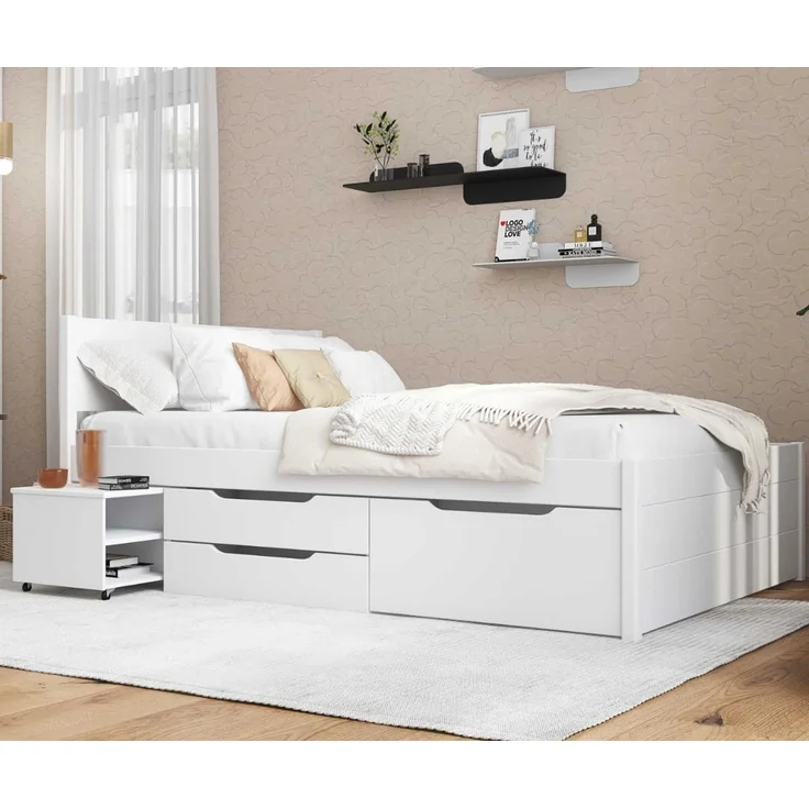 Inter Link - Bett mit Schubladen - Doppelbett 140x200 cm – Kojenbett mit Stauraum – Kiefer massivholz – 2 Schubladen und 1 Schubkasten – Inkl Lattenrost – Weiß lackiert – Efetivo 140x200 cm – Bild 1