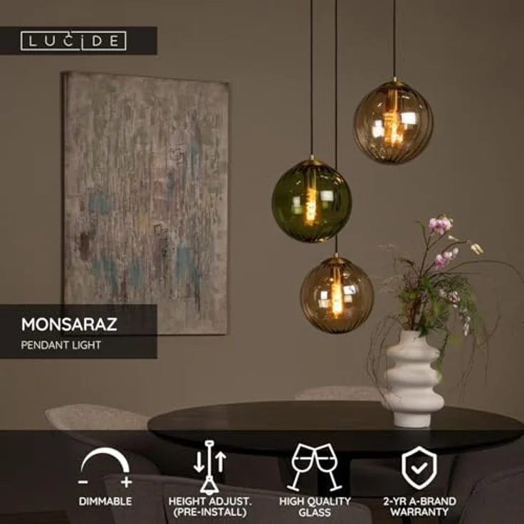 Lucide MONSARAZ Pendelleuchte, Ø 35 cm, 3xE27, grün, höhenverstellbar, dimmbar – Bild 3