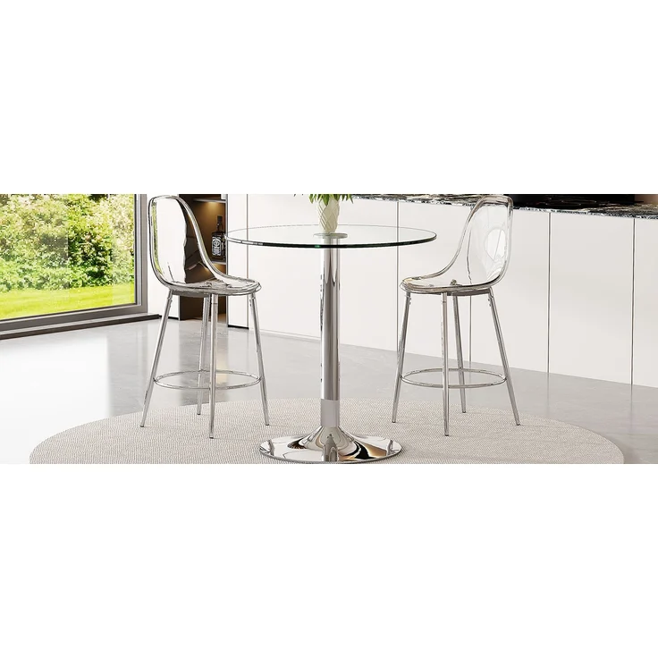 Flexibles Bar-Set: 89 cm Glastisch + 2 transparente Barhocker – speziell für europäische offene Küchen konzipiert. Silbern-metallenes Gestell mit bequemer Fußstütze, Flexibles Bar-Set: 89 cm Glastisch + 2 transparente Barhocker – speziell für europäisc... – Bild 6