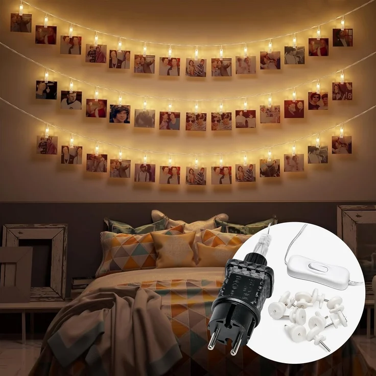COZY HOME LED-Lichterkette Fotoclip Lichterkette - Batterie und Stecker, 30 Fotoclip LEDs I Timer-Funktion I 6 Meter I Warmweiße LED – Bild 1