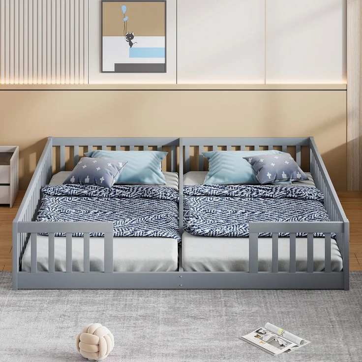 Doppelbett 90x200 cm aus Kiefernholz ,Kinderbett mit Sicherheitsgitter und Lattenrost, platzsparendes Familienbett,grau – Bild 4