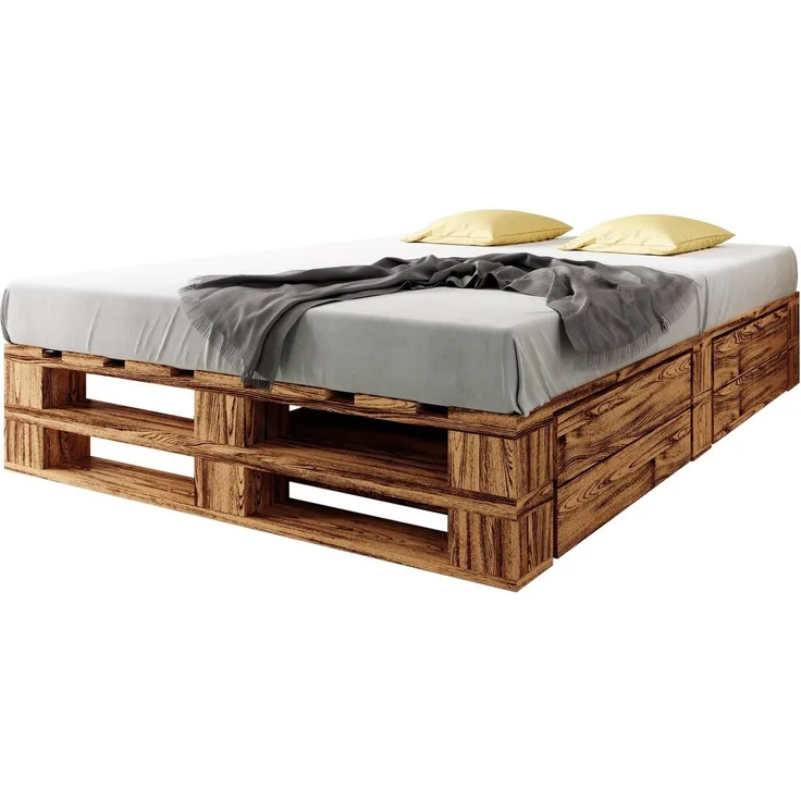 sunnypillow Palettenbett M2 aus Holz 140x200 cm mit Lattenrost und 2 Bettkästen. Doppelbett, Familienbett - erhöhtes Ehebett Bettgestell Futonbett Komforthöhe Geflammt Massivholzbett