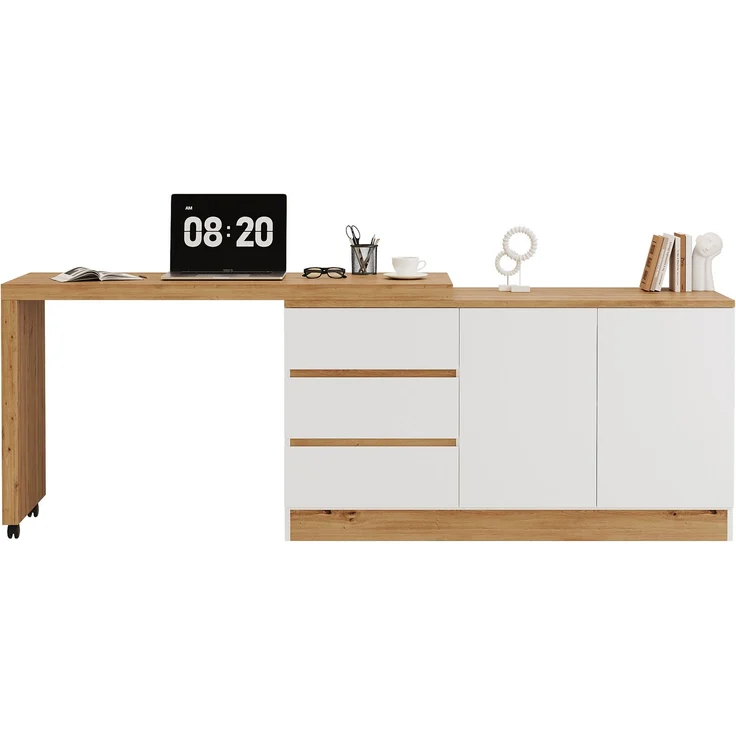 ZUBALIYA Schreibtisch mit feststellbaren Rollen – multifunktionales Design, 4 cm dickere, drehbare Tischplatte, fest arretierbar, weiß/Eiche, Faltbarer Schreibtisch, Eckschreibtisch, Sideboard,Dicke Materialie – Bild 10